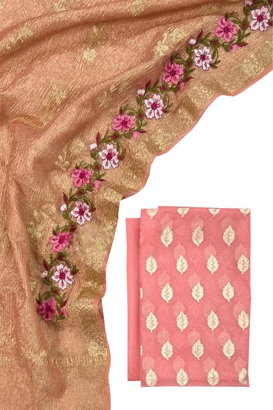 Pink Banarasi Chanderi Silk Suit Set with Embroidered Dupatta - Luxurion World