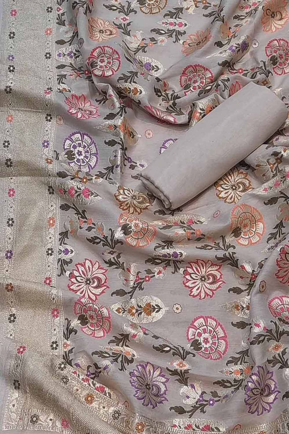 Dyeable Banarasi Pure Moonga Silk Meenakari Unstitched Three Piece Suit Set - Luxurion World