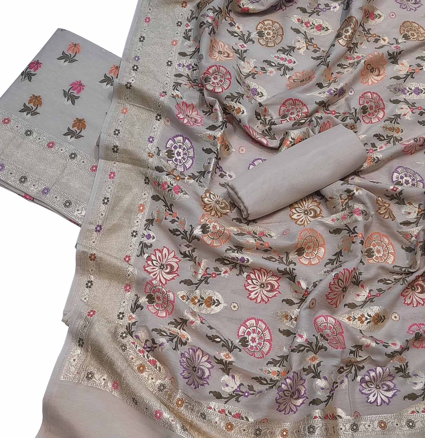 Dyeable Banarasi Pure Moonga Silk Meenakari Unstitched Three Piece Suit Set - Luxurion World