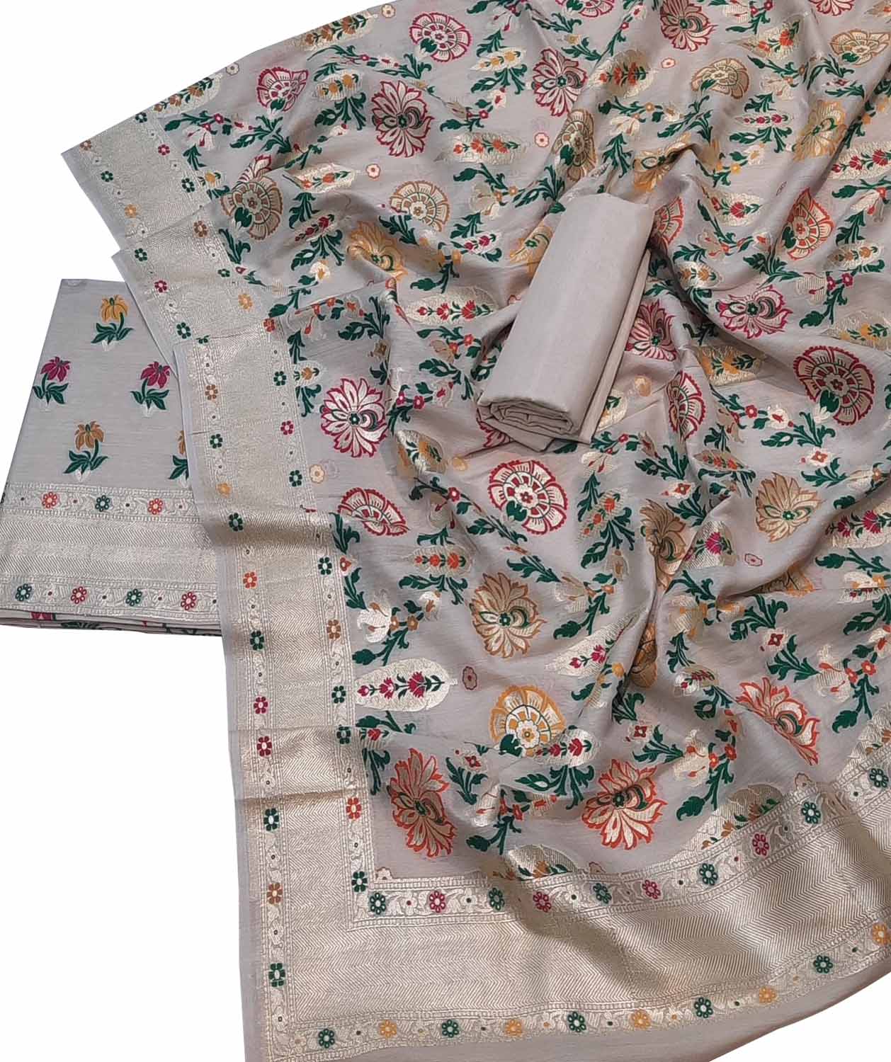 Dyeable Banarasi Pure Moonga Silk Meenakari Unstitched Three Piece Suit Set - Luxurion World