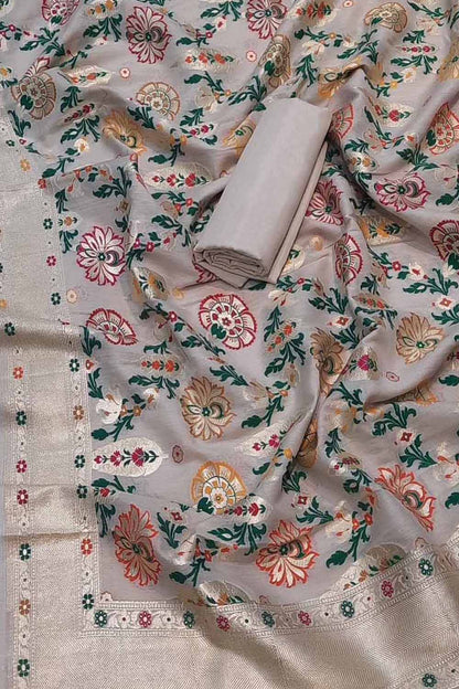 Dyeable Banarasi Pure Moonga Silk Unstitched Three Piece Suit Set - Luxurion World