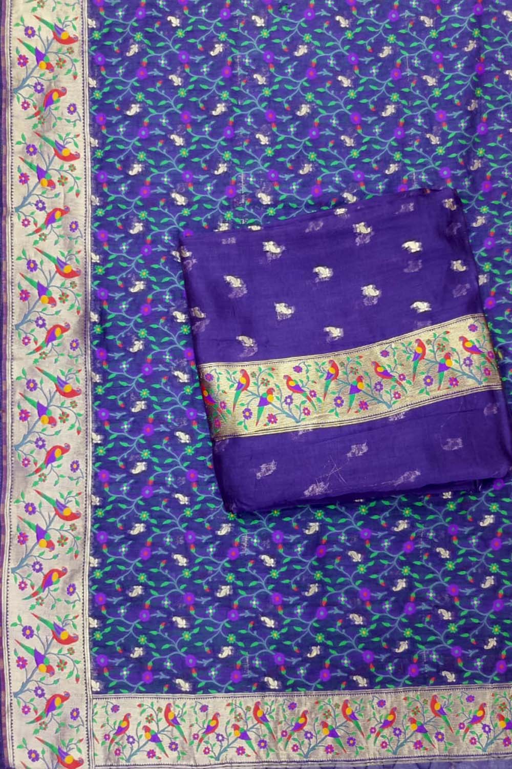 Blue Banarasi Pure Organza Three Piece Unstitched Suit Set - Luxurion World