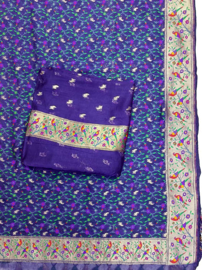 Blue Banarasi Pure Organza Three Piece Unstitched Suit Set - Luxurion World