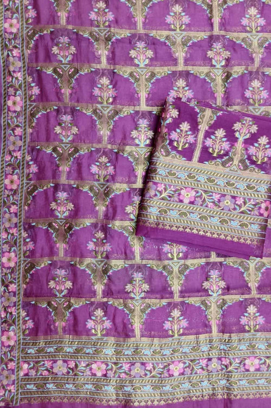 Pink Banarasi Pure Organza Three Piece Unstitched Suit Set - Luxurion World