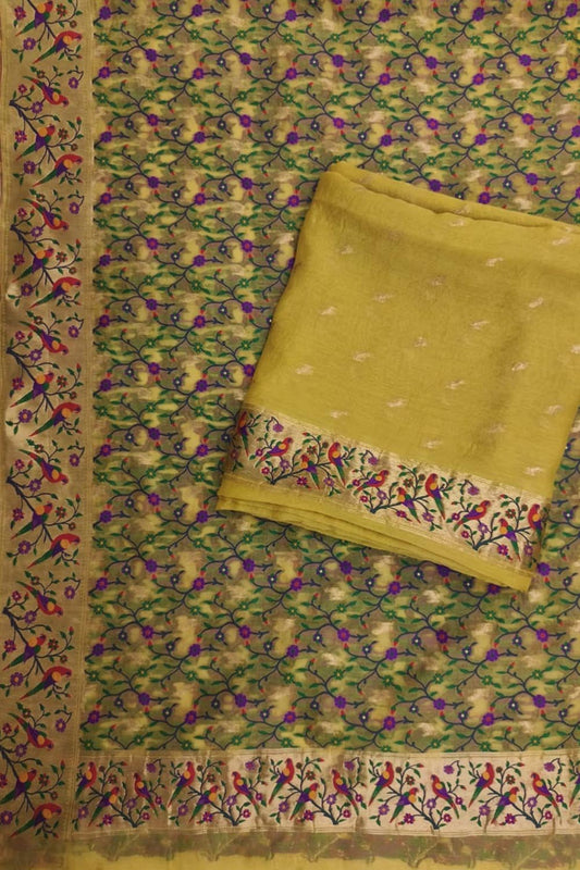 Yellow Banarasi Pure Organza Three Piece Unstitched Suit Set - Luxurion World