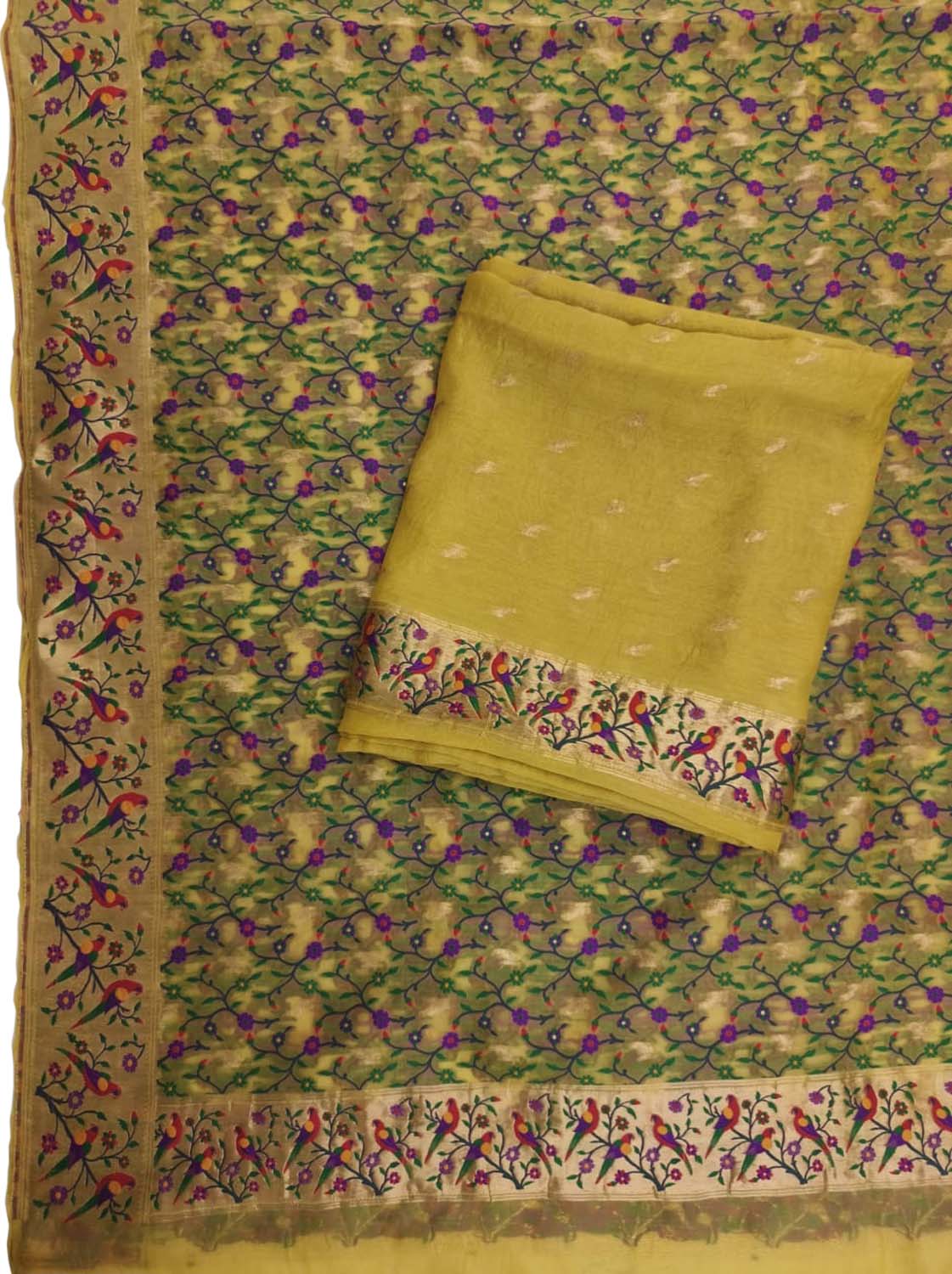 Yellow Banarasi Pure Organza Three Piece Unstitched Suit Set - Luxurion World