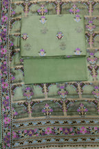 Green Banarasi Pure Organza Three Piece Unstitched Suit Set - Luxurion World