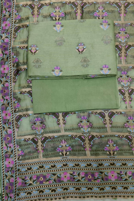 Green Banarasi Pure Organza Three Piece Unstitched Suit Set - Luxurion World