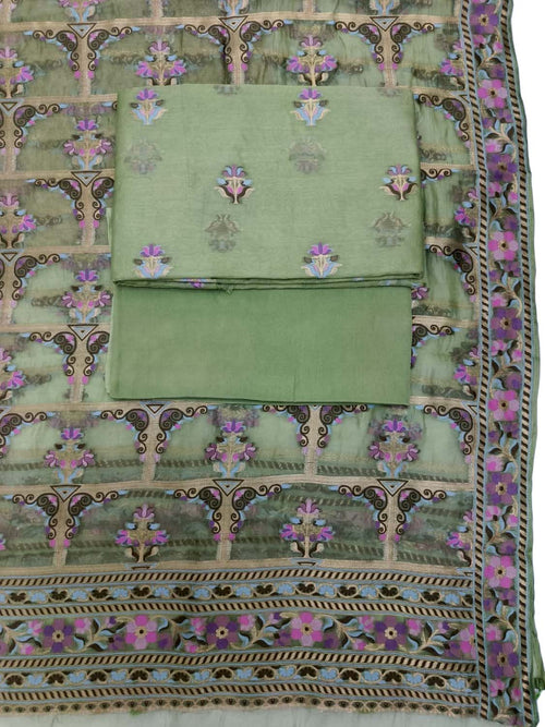 Green Banarasi Pure Organza Three Piece Unstitched Suit Set - Luxurion World