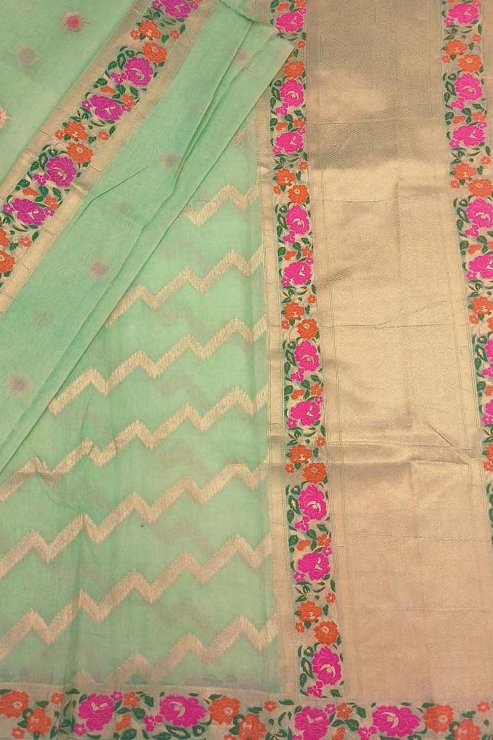 Stunning Green Banarasi Mul Chanderi Three Piece Unstitched Suit Set - Luxurion World