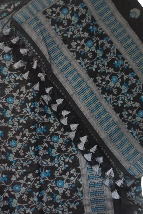 Black Banarasi Mul Chanderi Three Piece Unstitched Suit Set - Luxurion World