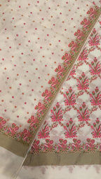 Elegant Off White Banarasi Mul Chanderi Three Piece Unstitched Suit Set - Luxurion World