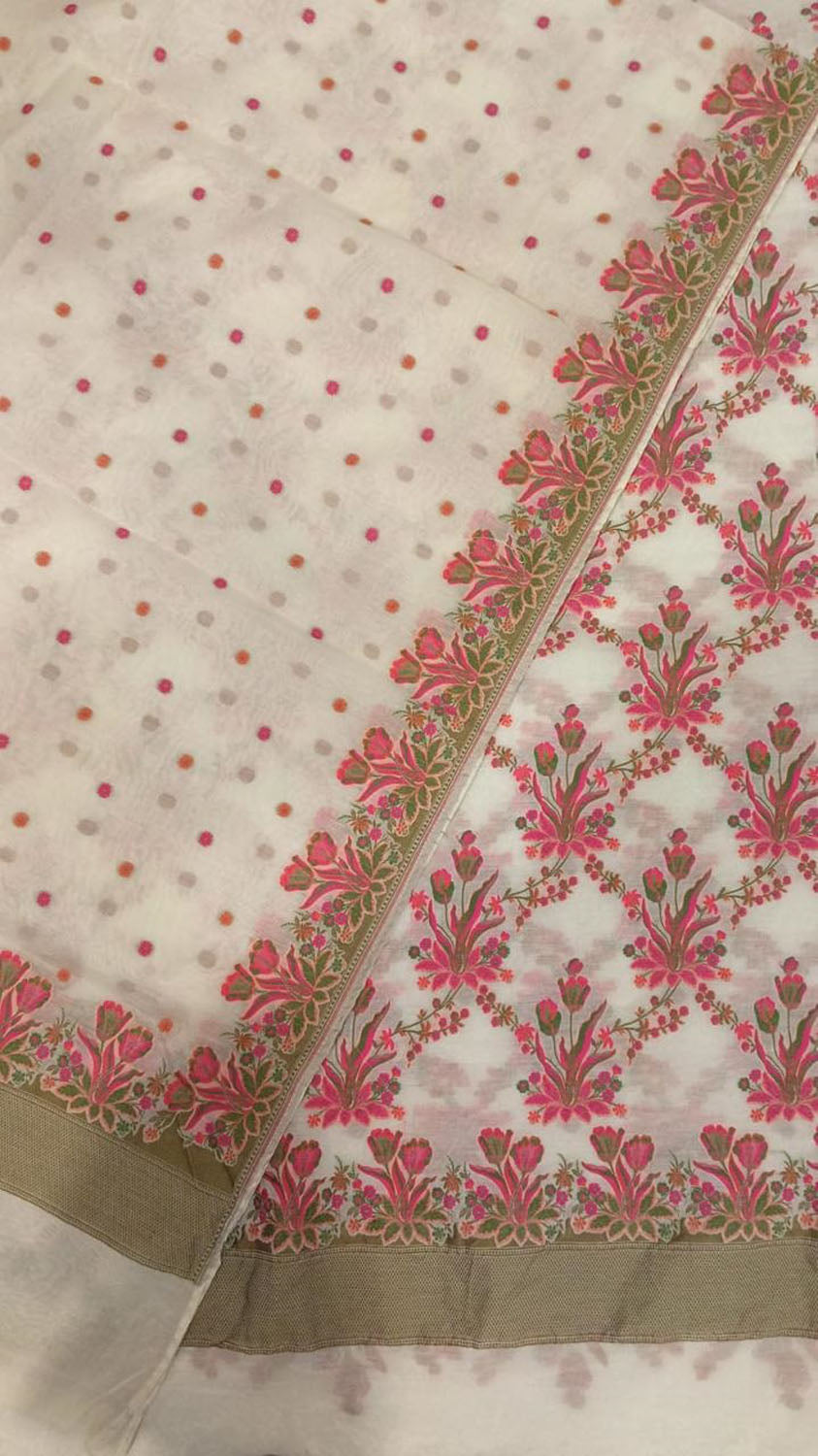 Elegant Off White Banarasi Mul Chanderi Three Piece Unstitched Suit Set - Luxurion World