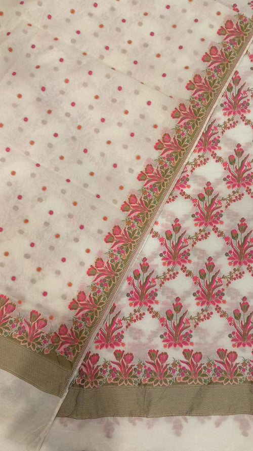 Elegant Off White Banarasi Mul Chanderi Three Piece Unstitched Suit Set - Luxurion World