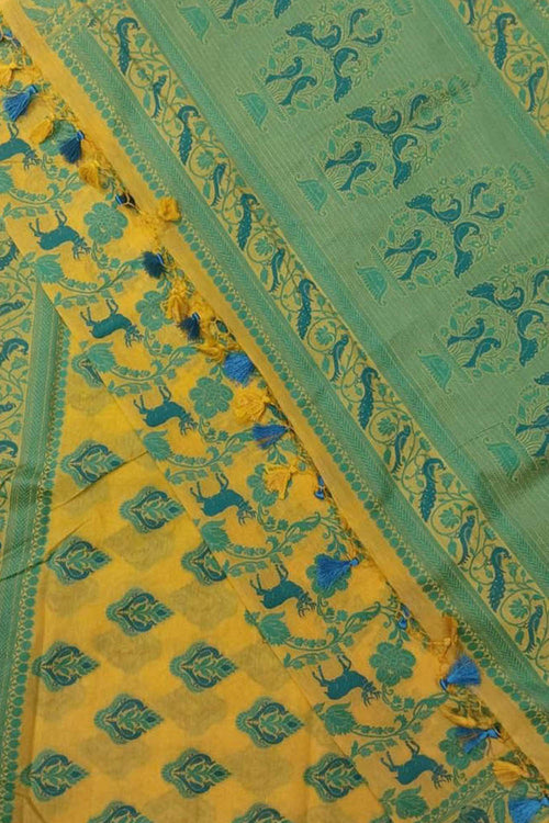 Stunning Yellow Banarasi Mul Chanderi Three Piece Unstitched Suit Set - Luxurion World