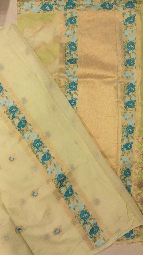 Stunning Dyeable Banarasi Mul Chanderi Three Piece Unstitched Suit Set - Luxurion World