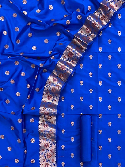 Blue Banarasi Silk Three Piece Unstitched Suit Set - Luxurion World