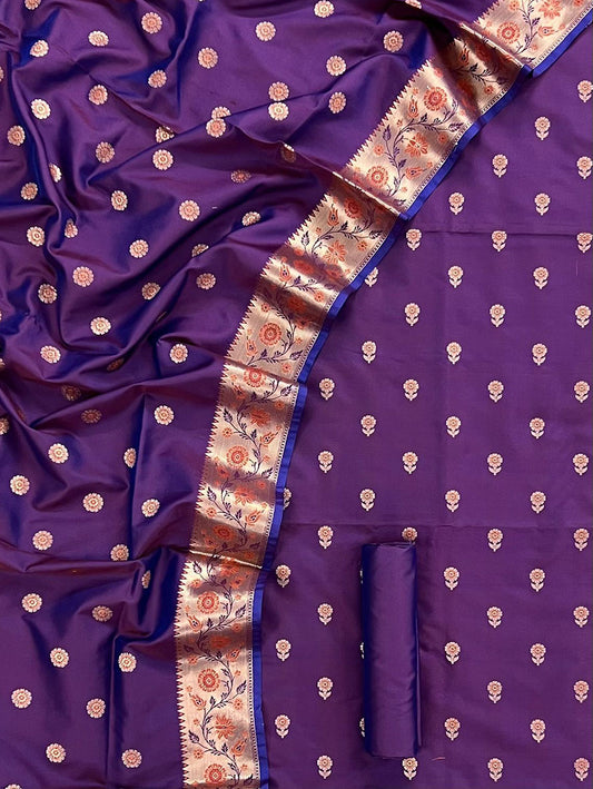 Purple Banarasi Silk Three Piece Unstitched Suit Set - Luxurion World