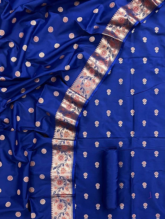 Blue Banarasi Silk Three Piece Unstitched Suit Set - Luxurion World