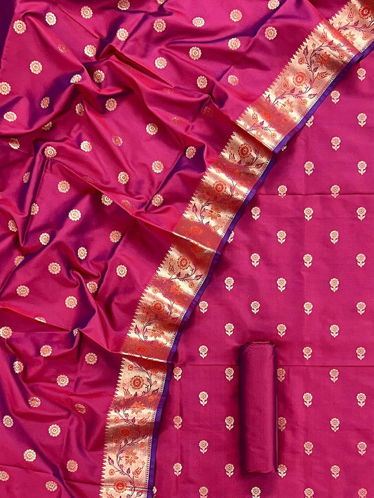 Pink Banarasi Silk Three Piece Unstitched Suit Set