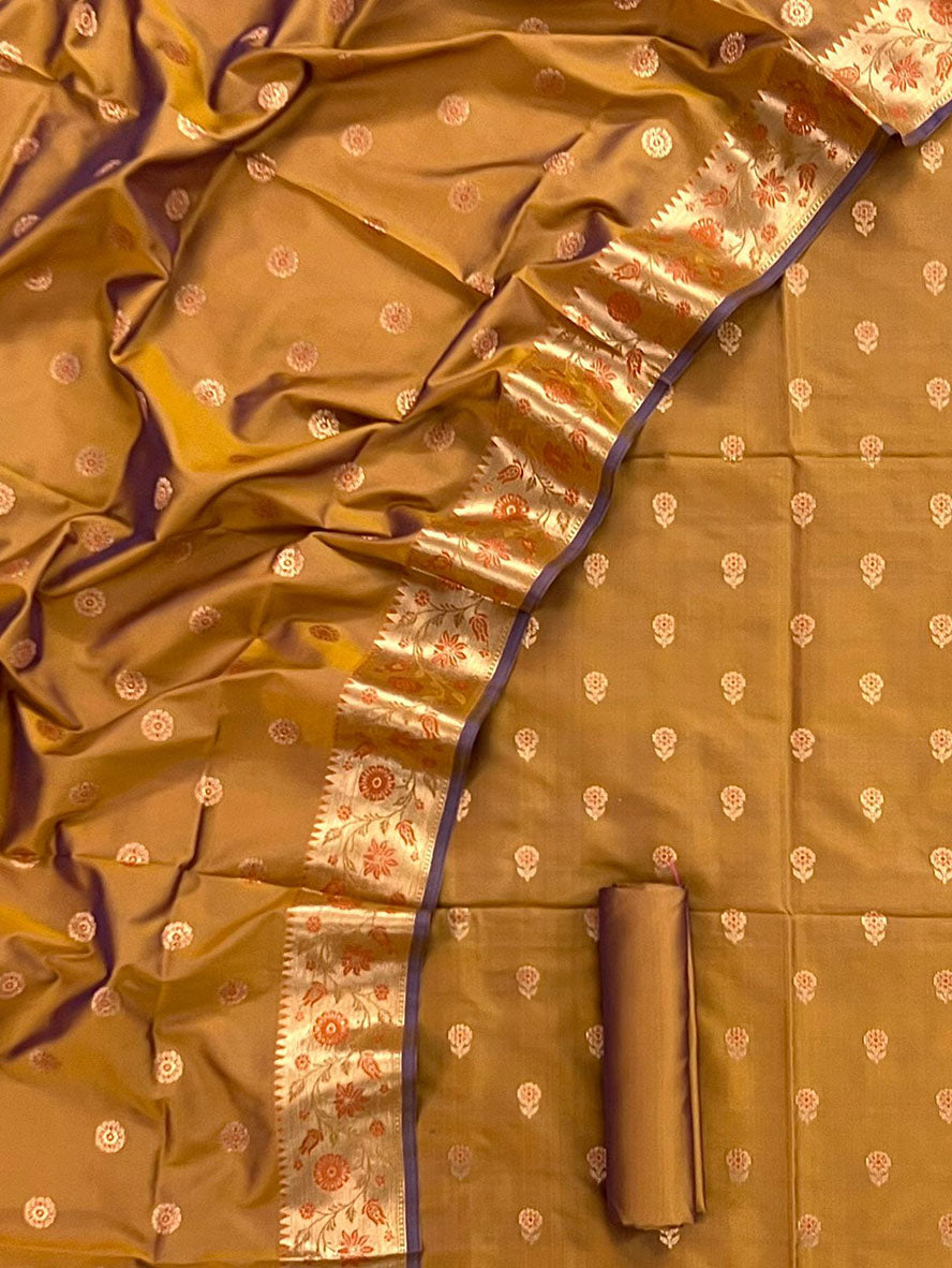 Golden Banarasi Silk Three Piece Unstitched Suit Set - Luxurion World