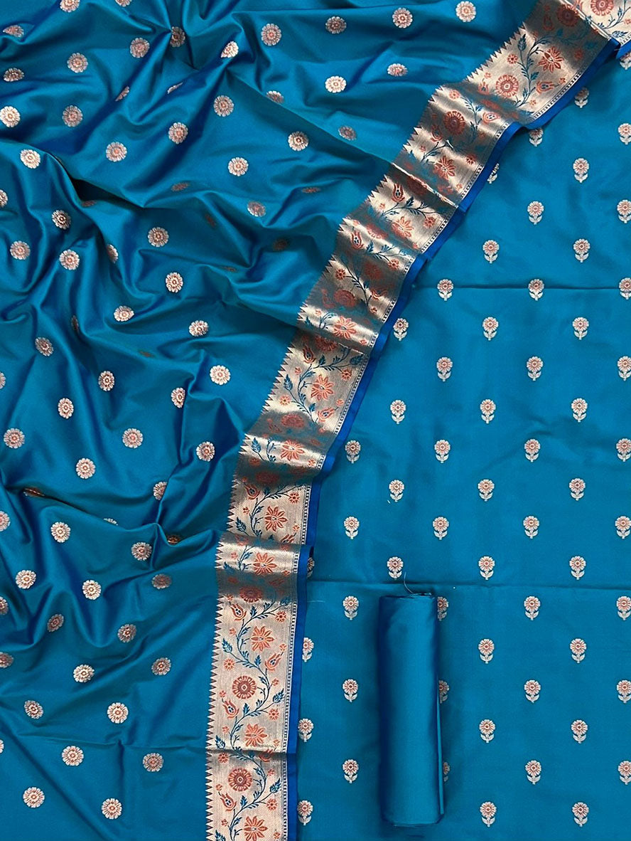 Blue Banarasi Silk Three Piece Unstitched Suit Set - Luxurion World