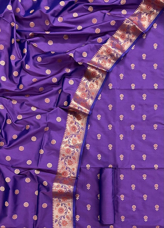 Purple Banarasi Silk Three Piece Unstitched Suit Set - Luxurion World