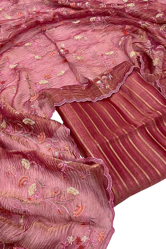 Elegant Pink Banarasi Tissue Silk Embroidered Three Piece Suit Set - Luxurion World