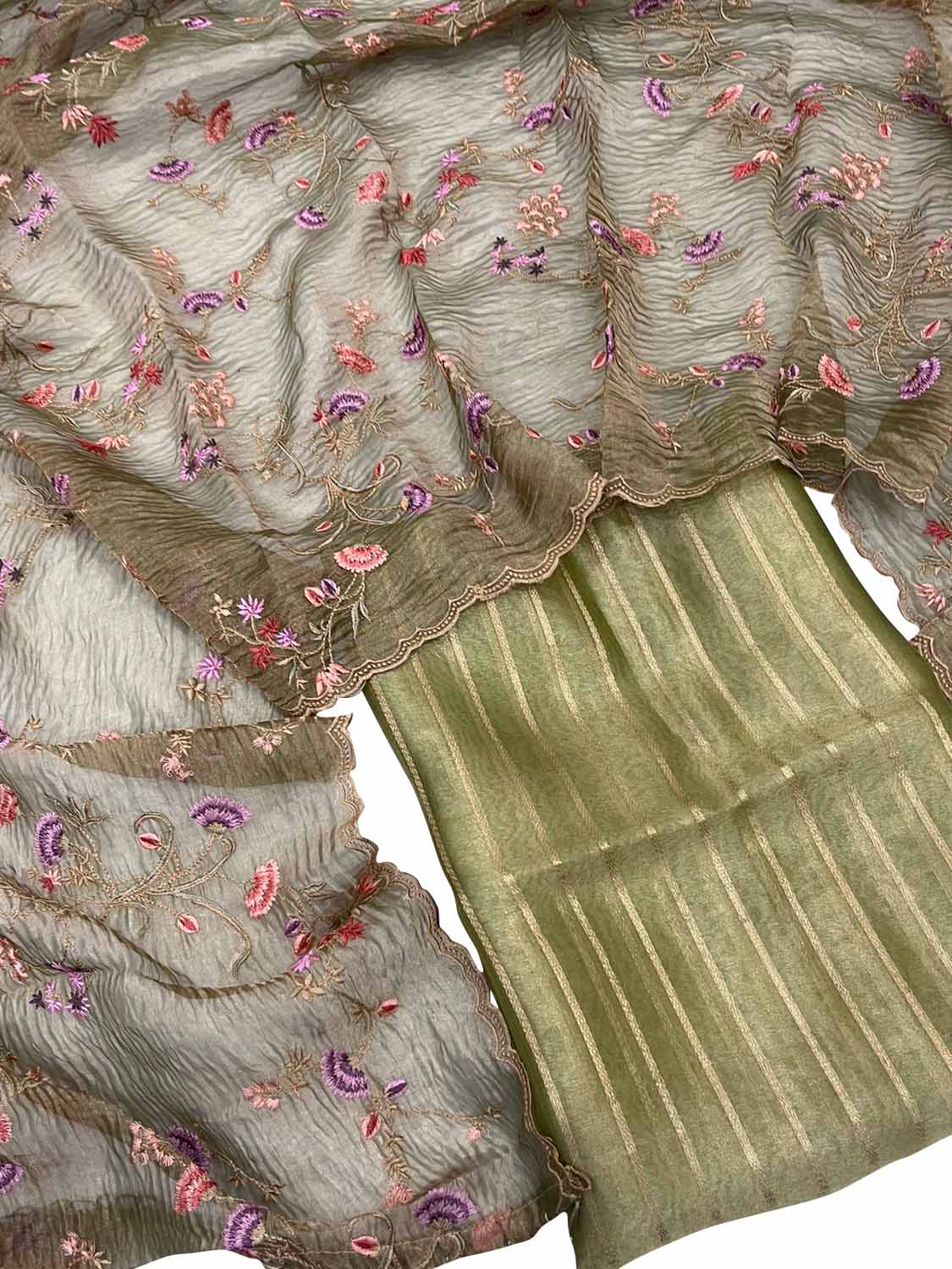 Green Banarasi Tissue Silk Embroidered Suit Set - Luxurion World