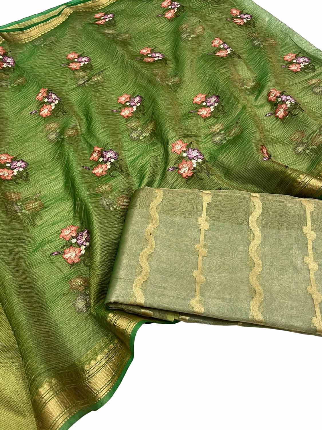 Green Banarasi Tissue Silk Embroidered Suit Set - Luxurion World