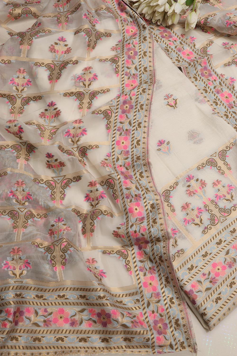 Exquisite Dyeable Banarasi Jamdani Chiniya Silk Three Piece Unstitched Suit Set - Luxurion World