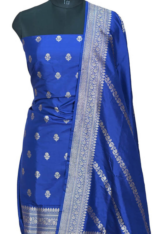 Pure Katan Silk Blue Banarasi Handloom Suit Set - Unstitched 3-Piece - Luxurion World