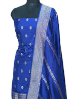 Pure Katan Silk Blue Banarasi Handloom Suit Set - Unstitched 3-Piece - Luxurion World