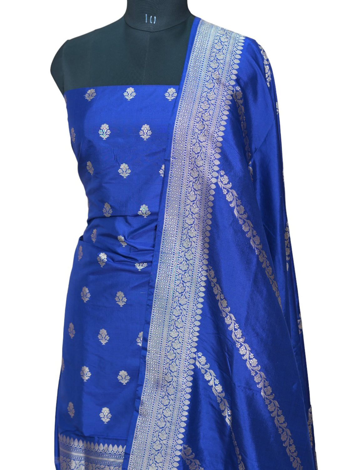 Pure Katan Silk Blue Banarasi Handloom Suit Set - Unstitched 3-Piece - Luxurion World