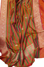 Orange And Green Pure Katan Silk Banarasi Handloom Three Piece Unstitched Suit Set - Luxurion World