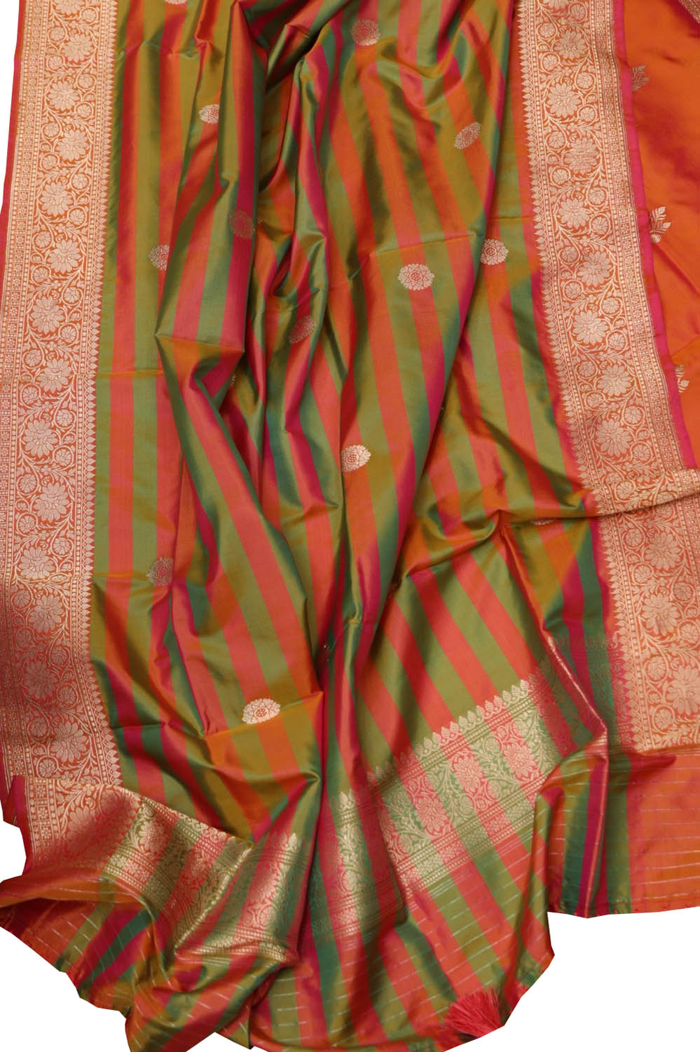 Orange And Green Pure Katan Silk Banarasi Handloom Three Piece Unstitched Suit Set - Luxurion World