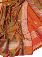 Orange And Green Pure Katan Silk Banarasi Handloom Three Piece Unstitched Suit Set - Luxurion World