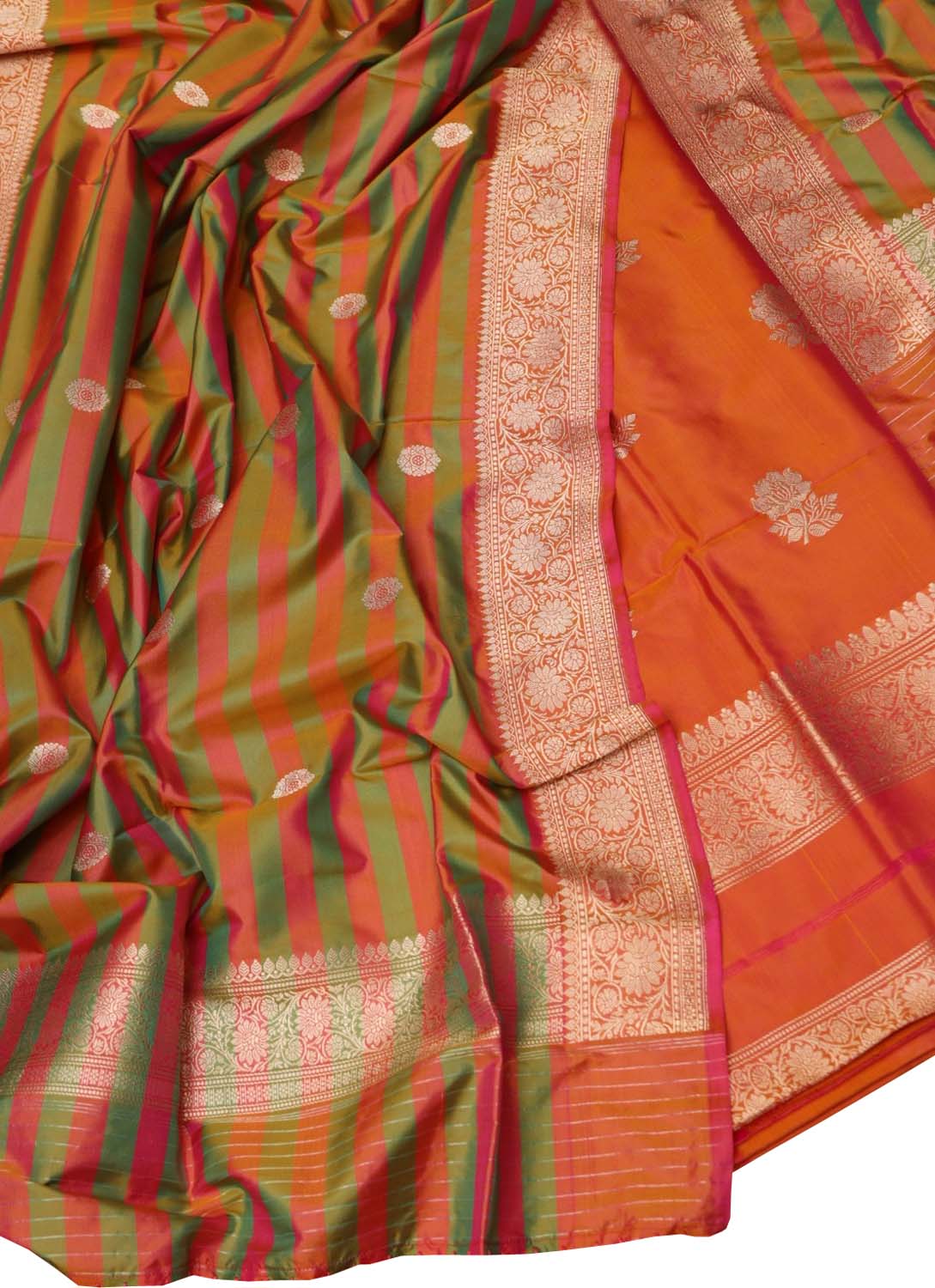 Orange And Green Pure Katan Silk Banarasi Handloom Three Piece Unstitched Suit Set - Luxurion World