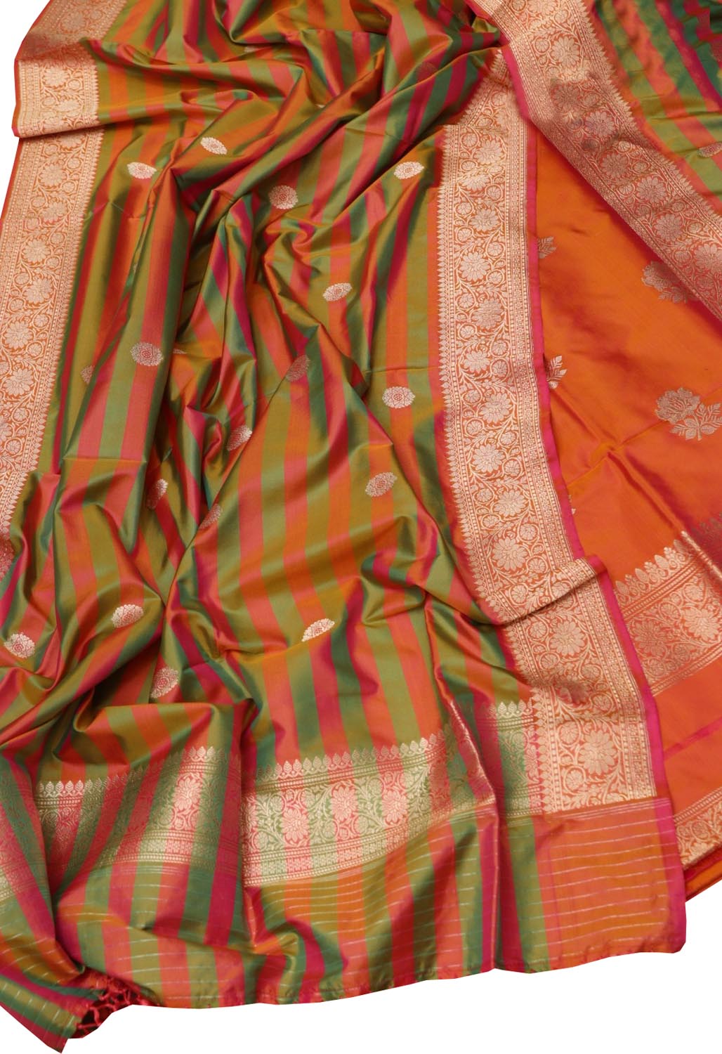 Orange And Green Pure Katan Silk Banarasi Handloom Three Piece Unstitched Suit Set - Luxurion World