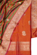 Orange And Green Pure Katan Silk Banarasi Handloom Three Piece Unstitched Suit Set - Luxurion World