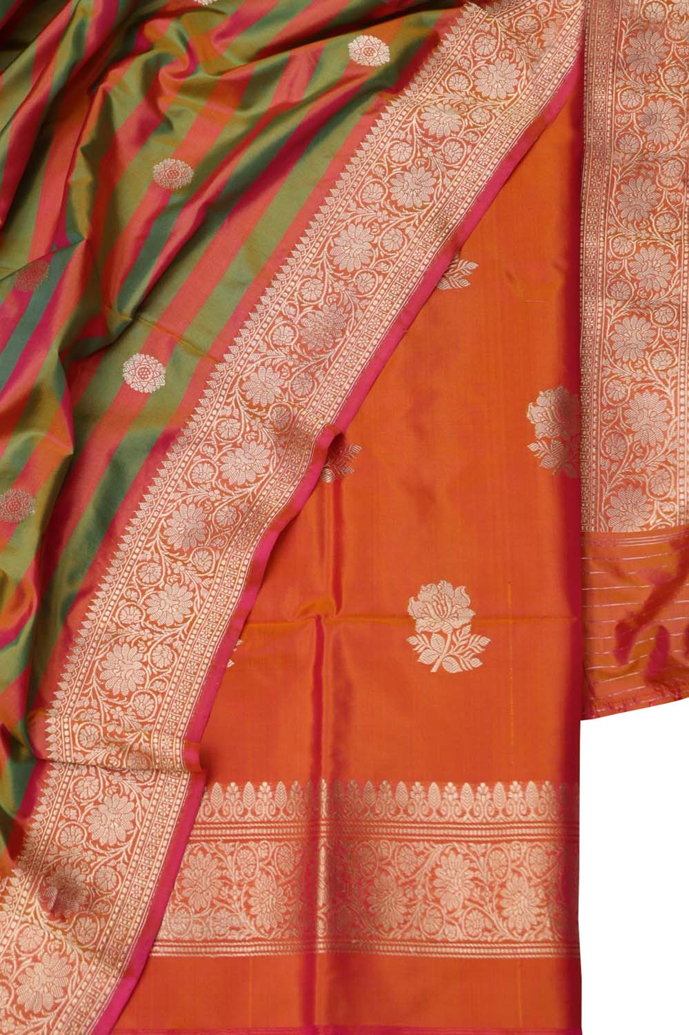 Orange And Green Pure Katan Silk Banarasi Handloom Three Piece Unstitched Suit Set - Luxurion World