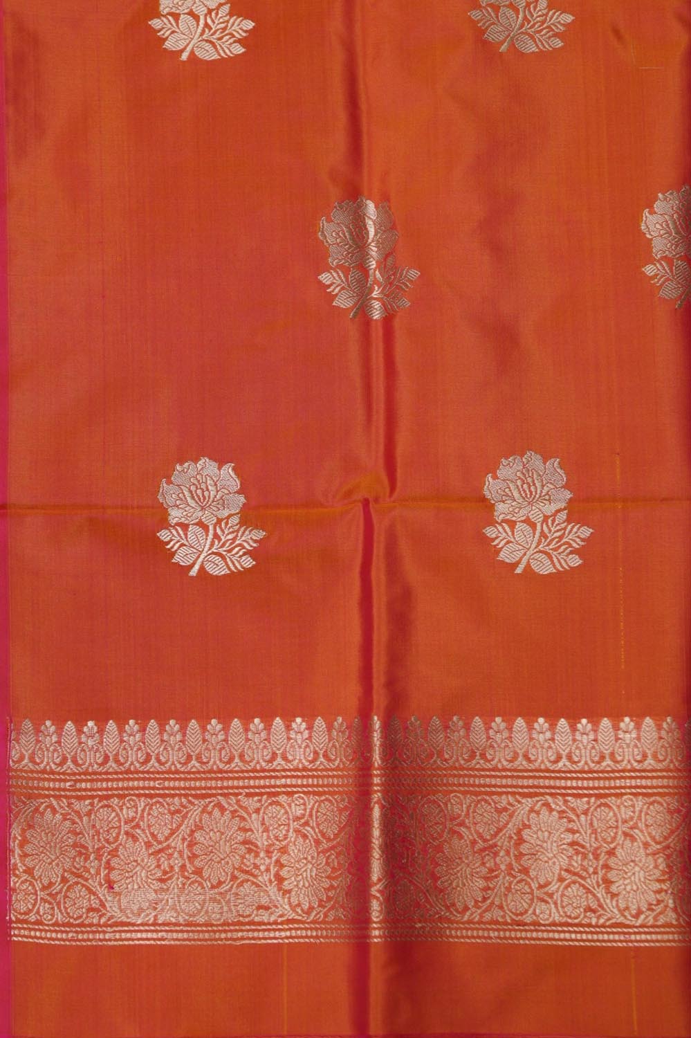 Orange And Green Pure Katan Silk Banarasi Handloom Three Piece Unstitched Suit Set - Luxurion World