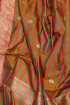 Orange And Green Pure Katan Silk Banarasi Handloom Three Piece Unstitched Suit Set - Luxurion World