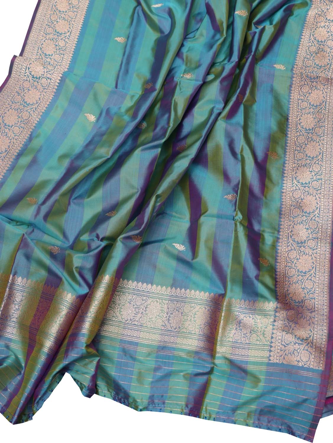 Green and Blue Pure Katan Silk Banarasi Handloom Three Piece Unstitched Suit Set - Luxurion World
