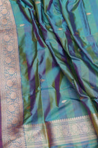 Green and Blue Pure Katan Silk Banarasi Handloom Three Piece Unstitched Suit Set - Luxurion World