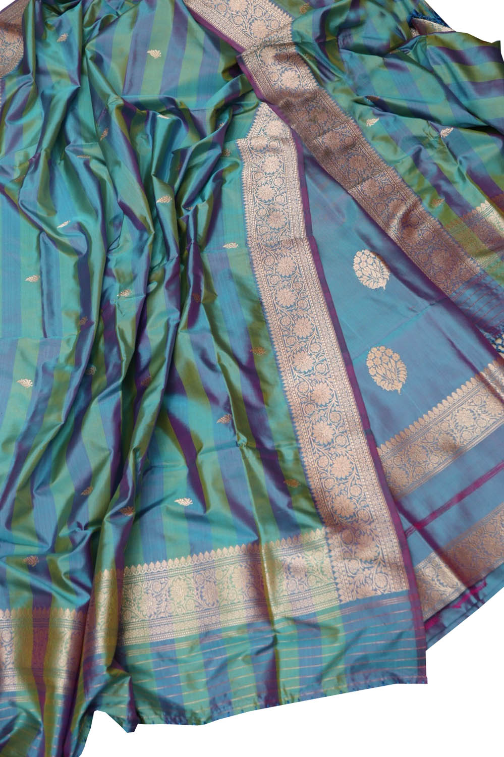 Green and Blue Pure Katan Silk Banarasi Handloom Three Piece Unstitched Suit Set - Luxurion World