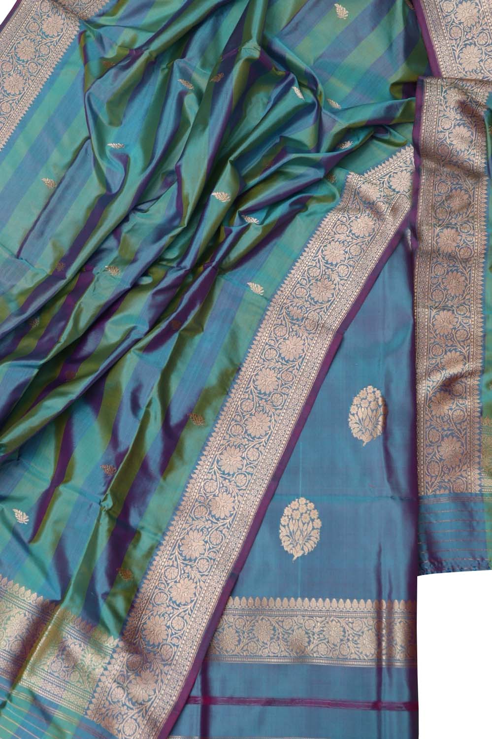 Green and Blue Pure Katan Silk Banarasi Handloom Three Piece Unstitched Suit Set - Luxurion World