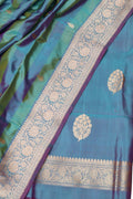 Green and Blue Pure Katan Silk Banarasi Handloom Three Piece Unstitched Suit Set - Luxurion World