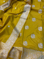 Yellow Pure Katan Silk Banarasi Handloom Three Piece Unstitched Suit Set - Luxurion World