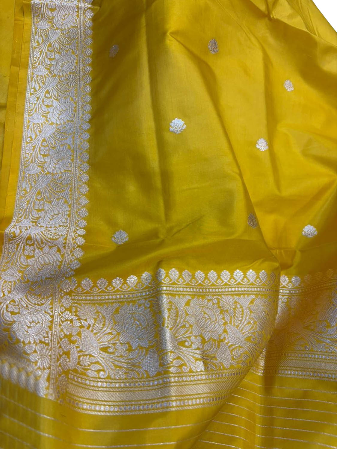 Yellow Pure Katan Silk Banarasi Handloom Three Piece Unstitched Suit Set - Luxurion World